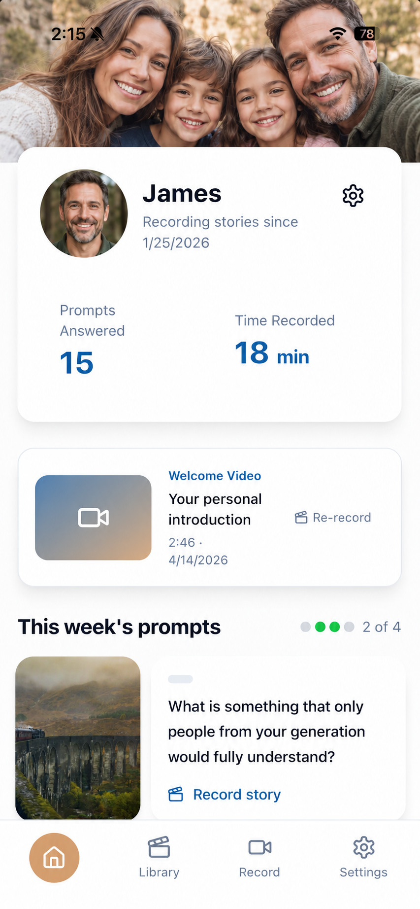 Reelative home screen showing weekly prompts and recording progress