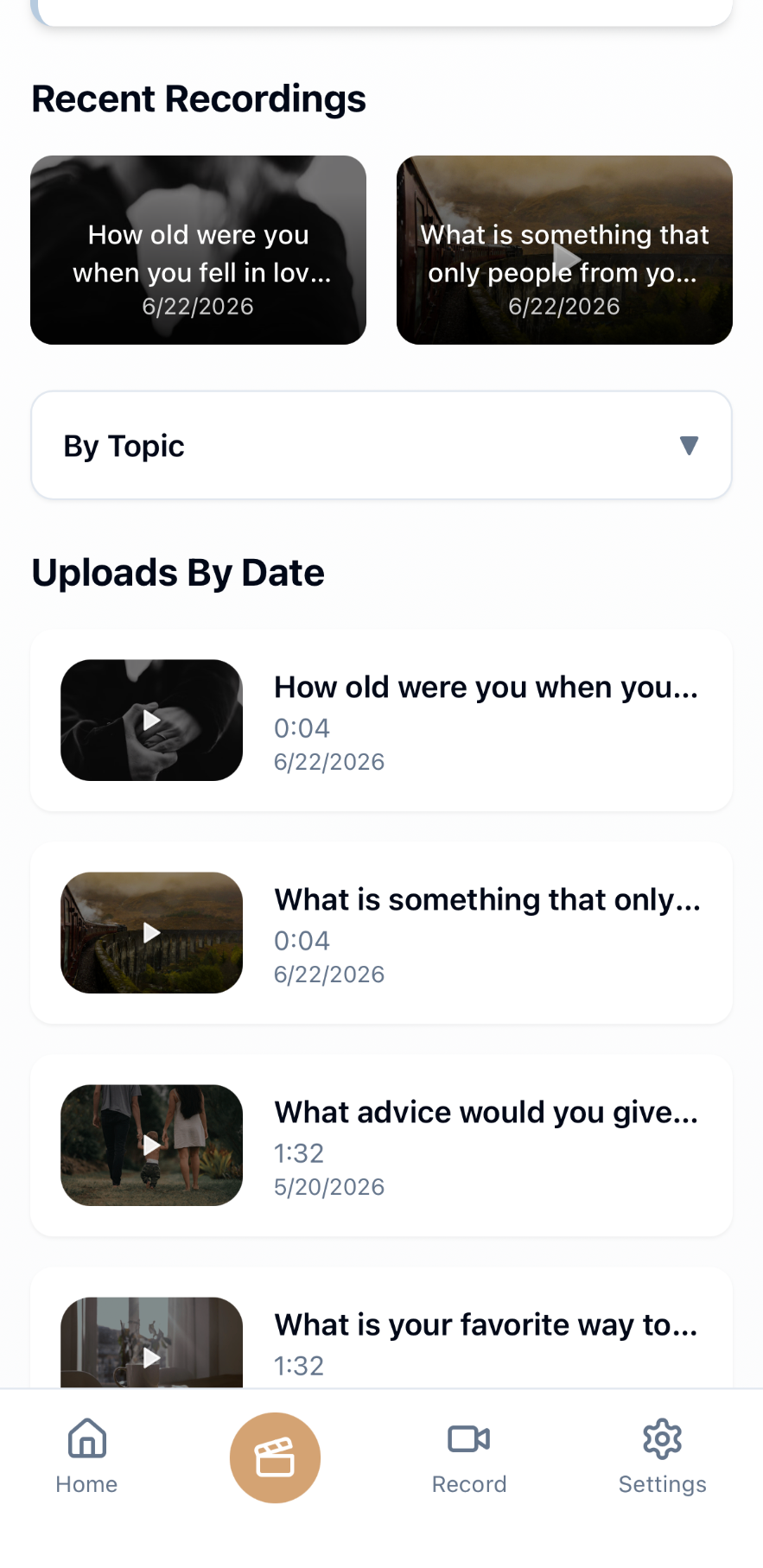Detail of the Reelative library showing recent recordings and topic filters